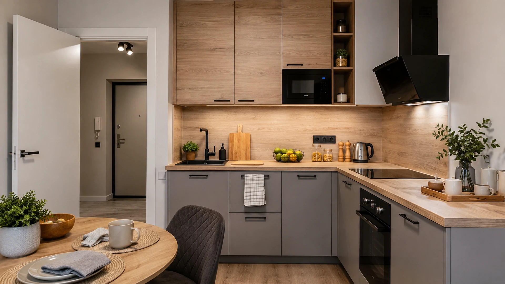 Compact grey kitchen with a timber worktop in a small rental cabin.
