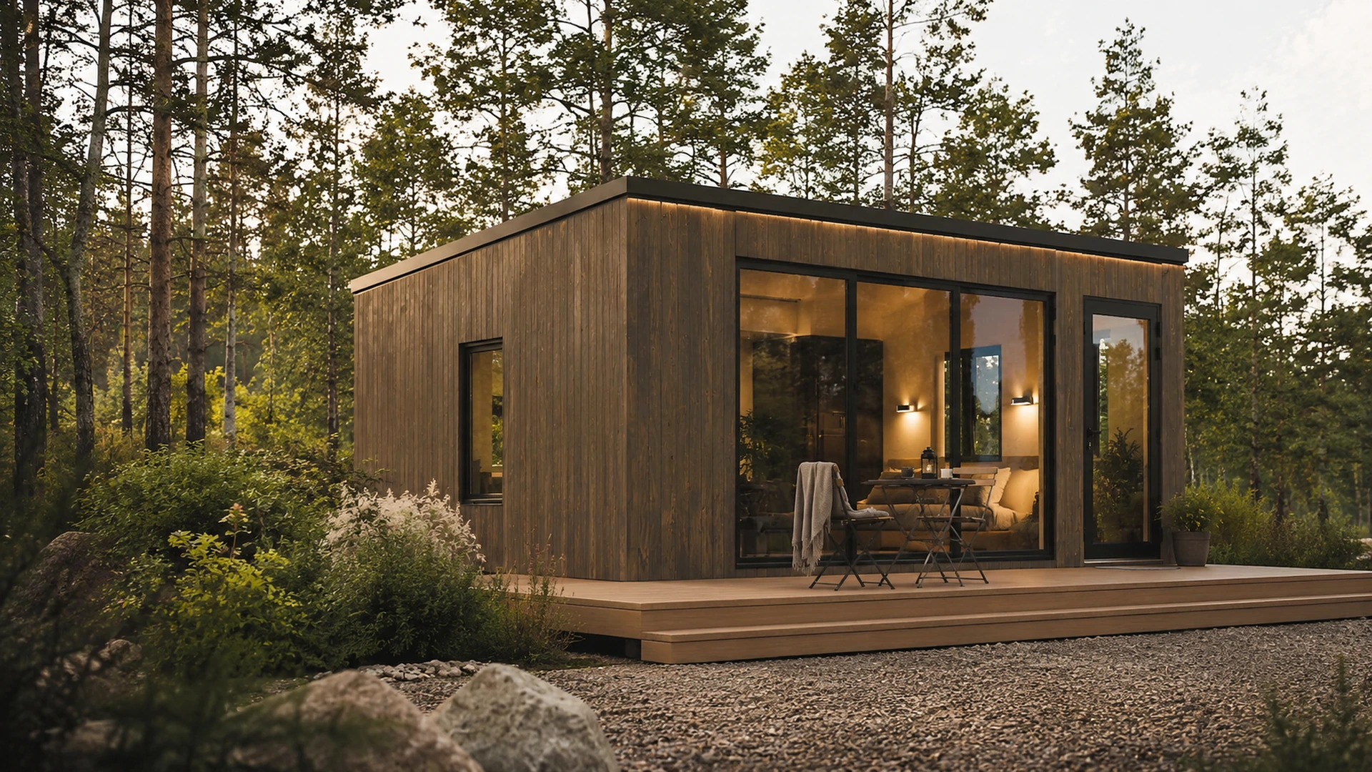Contemporary small timber cabin with a flat roof, large window and forest terrace.