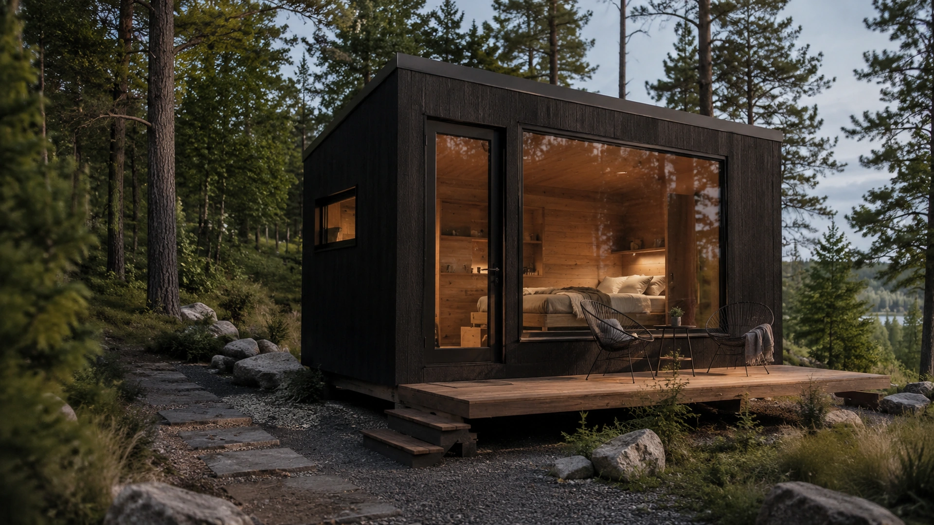 Dark tiny home with a glazed bedroom overlooking pine woodland.