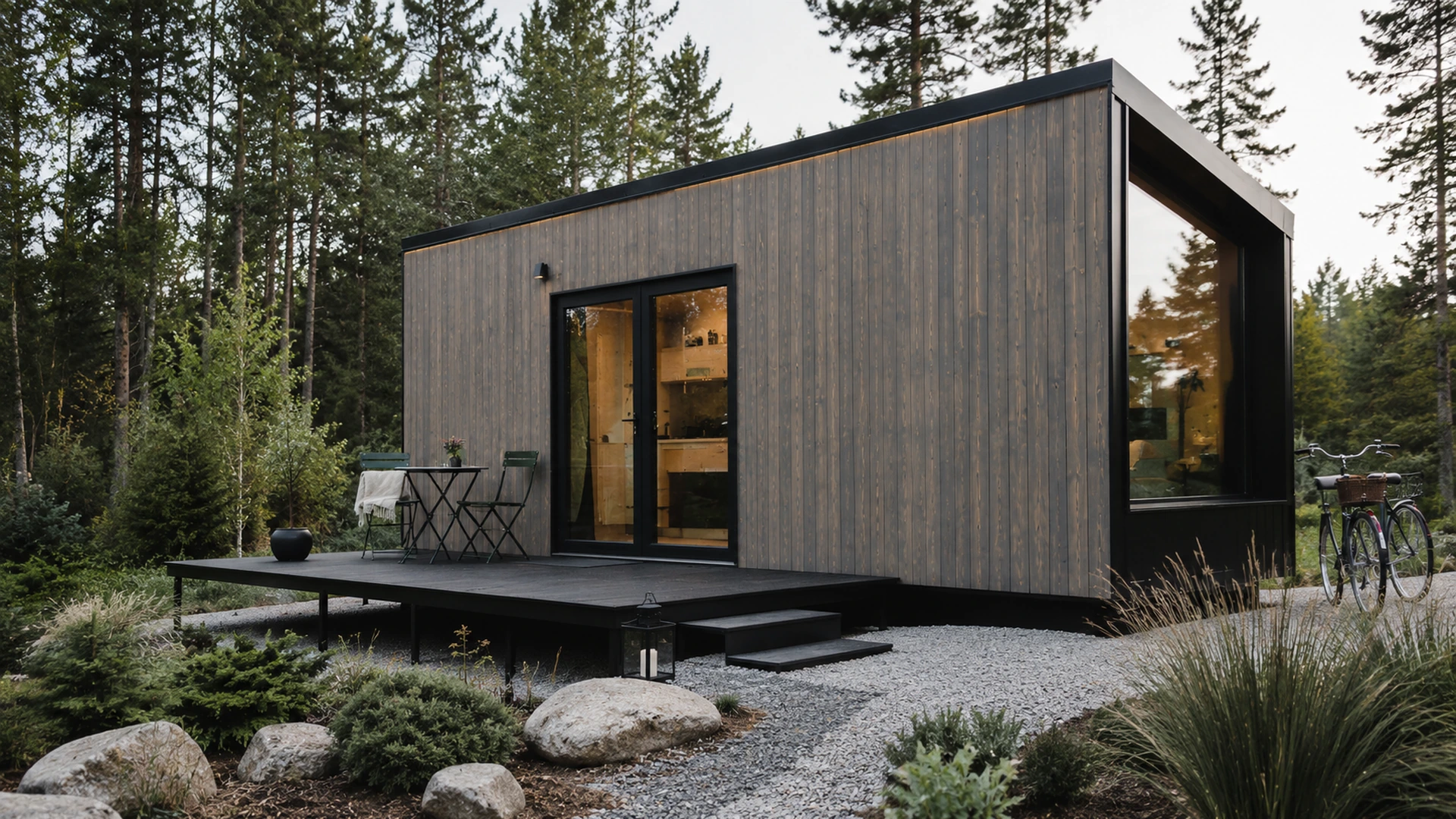 Small Scandinavian cabin with timber cladding, a terrace and pitched roof.