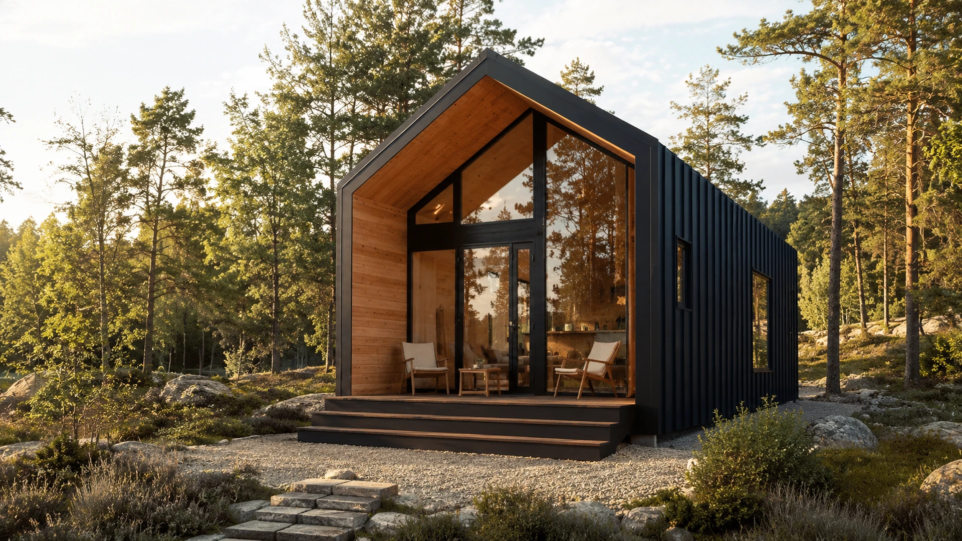 Black timber cabin with a tall glazed gable and sheltered entrance.