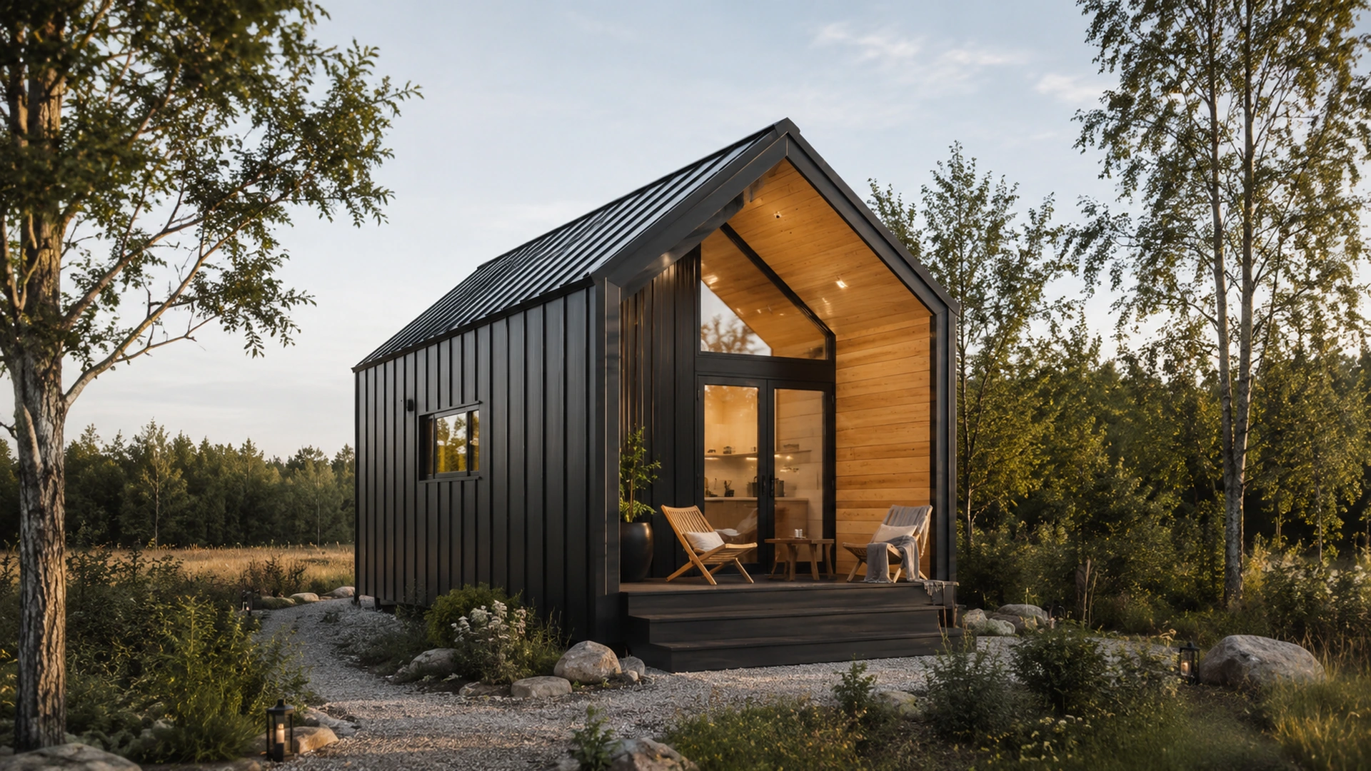 Black Scandinavian tiny home with a pitched roof and small terrace.
