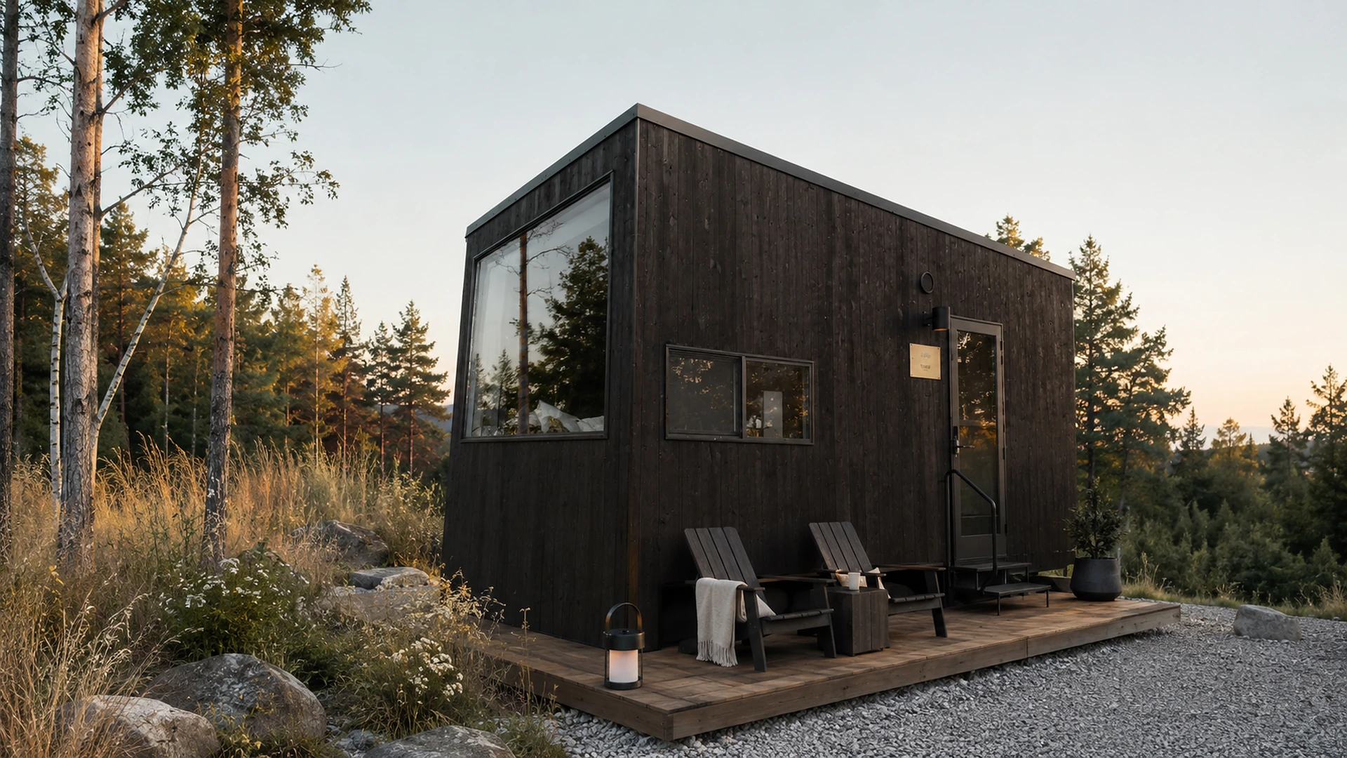 Dark timber cabin with a mono-pitch roof and side windows in woodland.