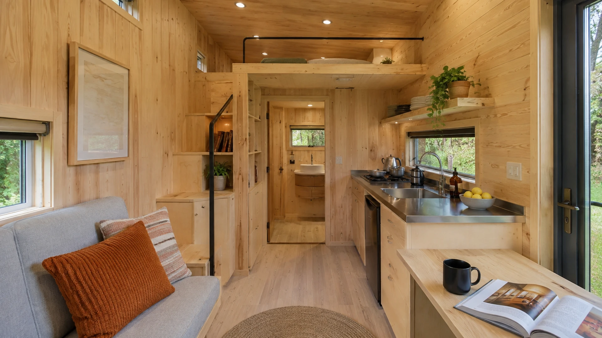 Narrow timber tiny-home interior with a kitchen, sofa and route to the bedroom.