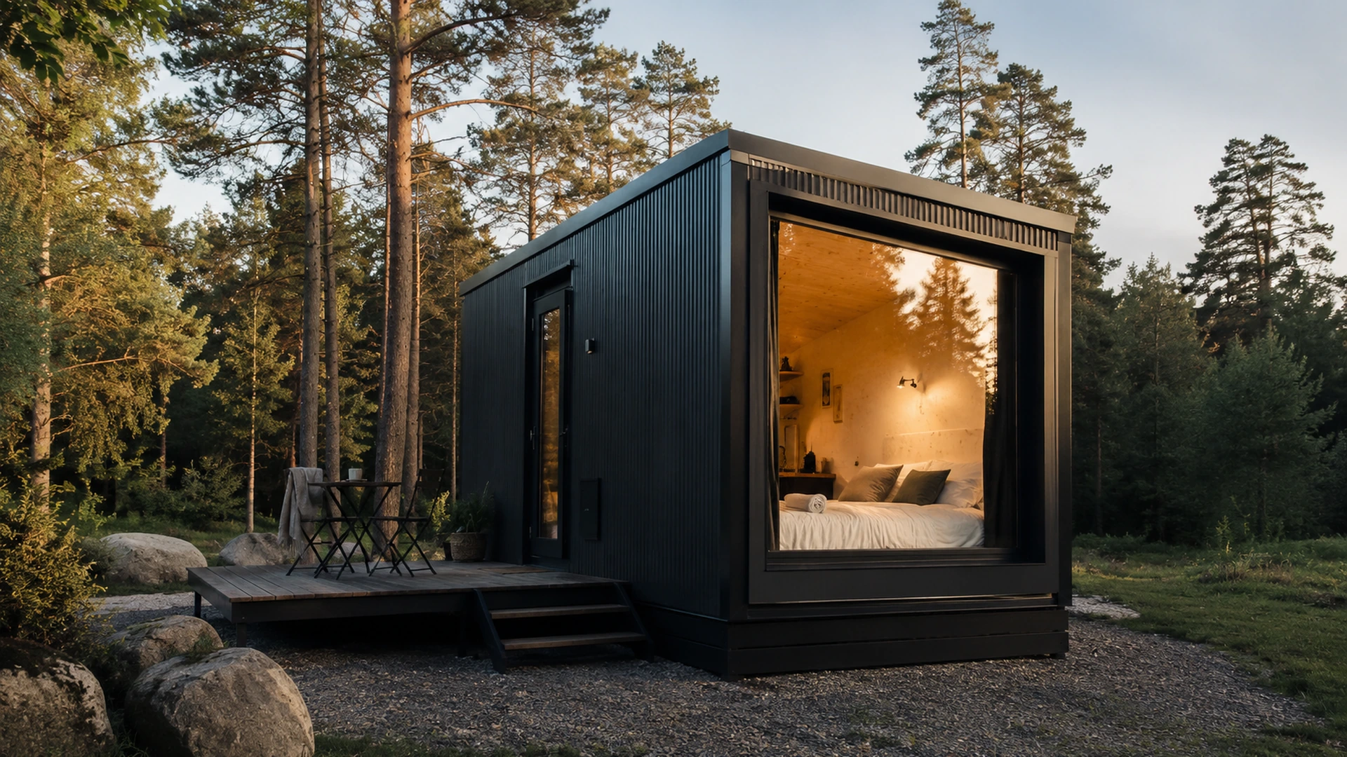 Compact black cabin with a large bedroom window and side terrace.