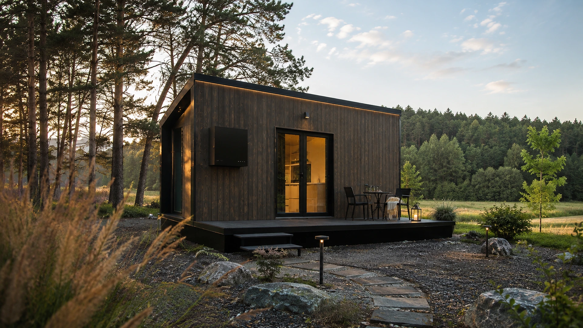 Small timber cabin with a flat roof, terrace and view over open landscape.