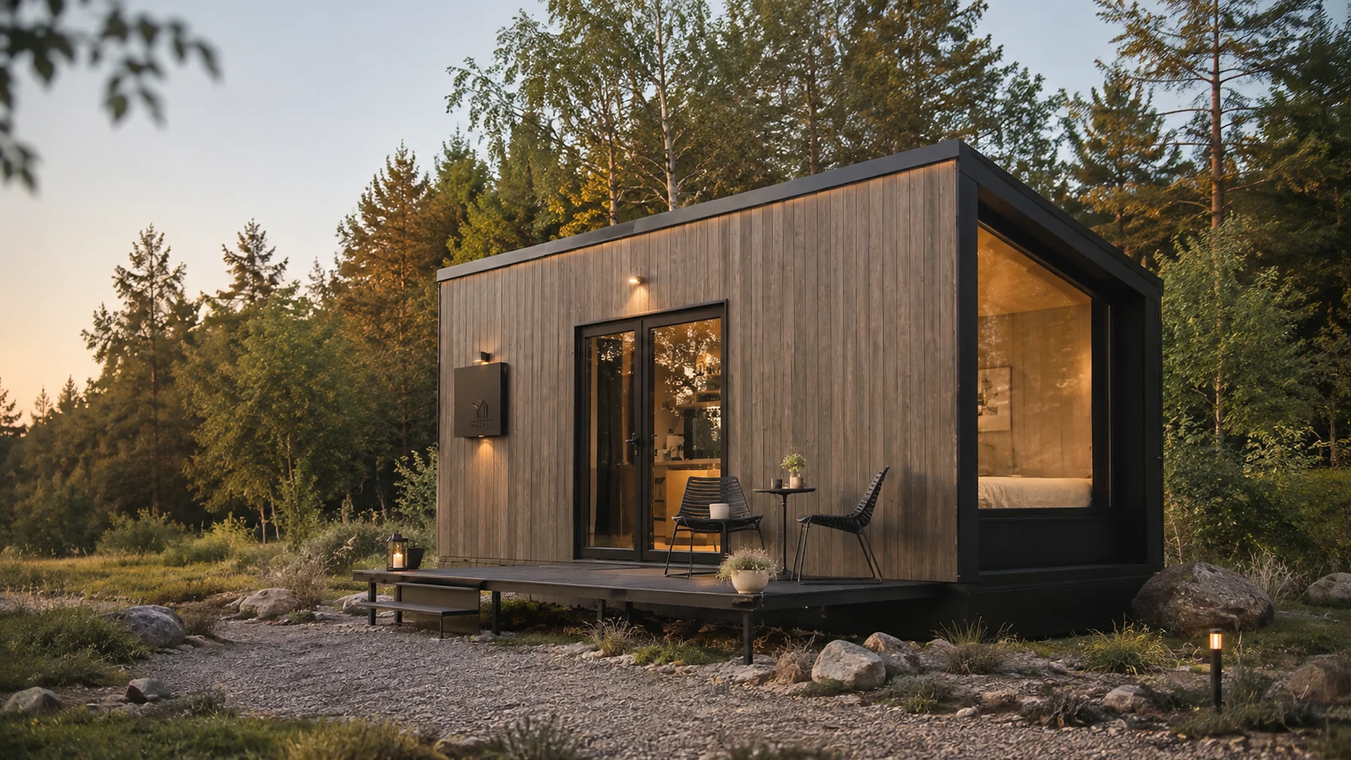 Scandinavian timber cabin with a pitched roof, large window and entrance deck.