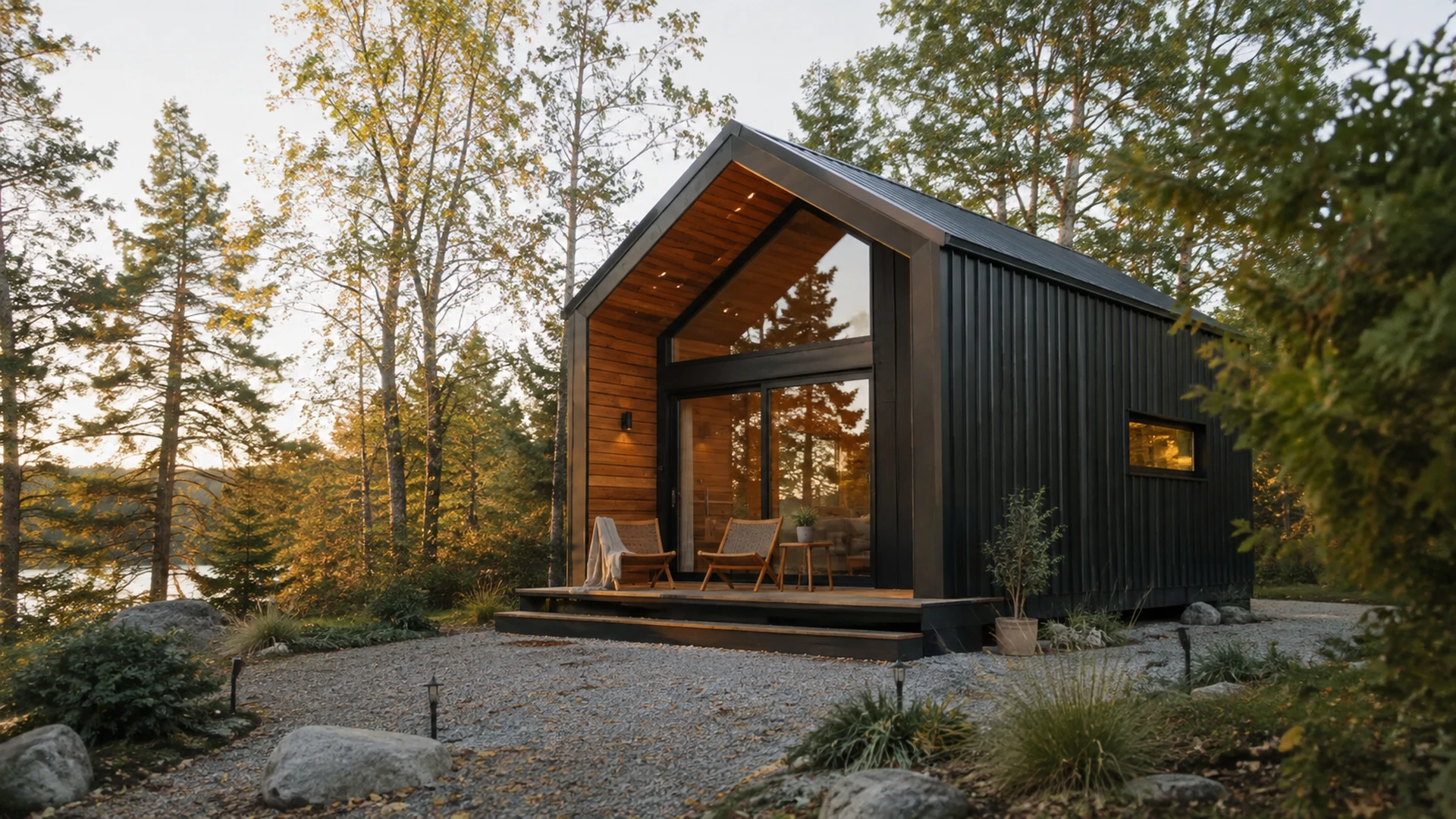 Contemporary black cabin with a tall gable window and timber-lined entrance.