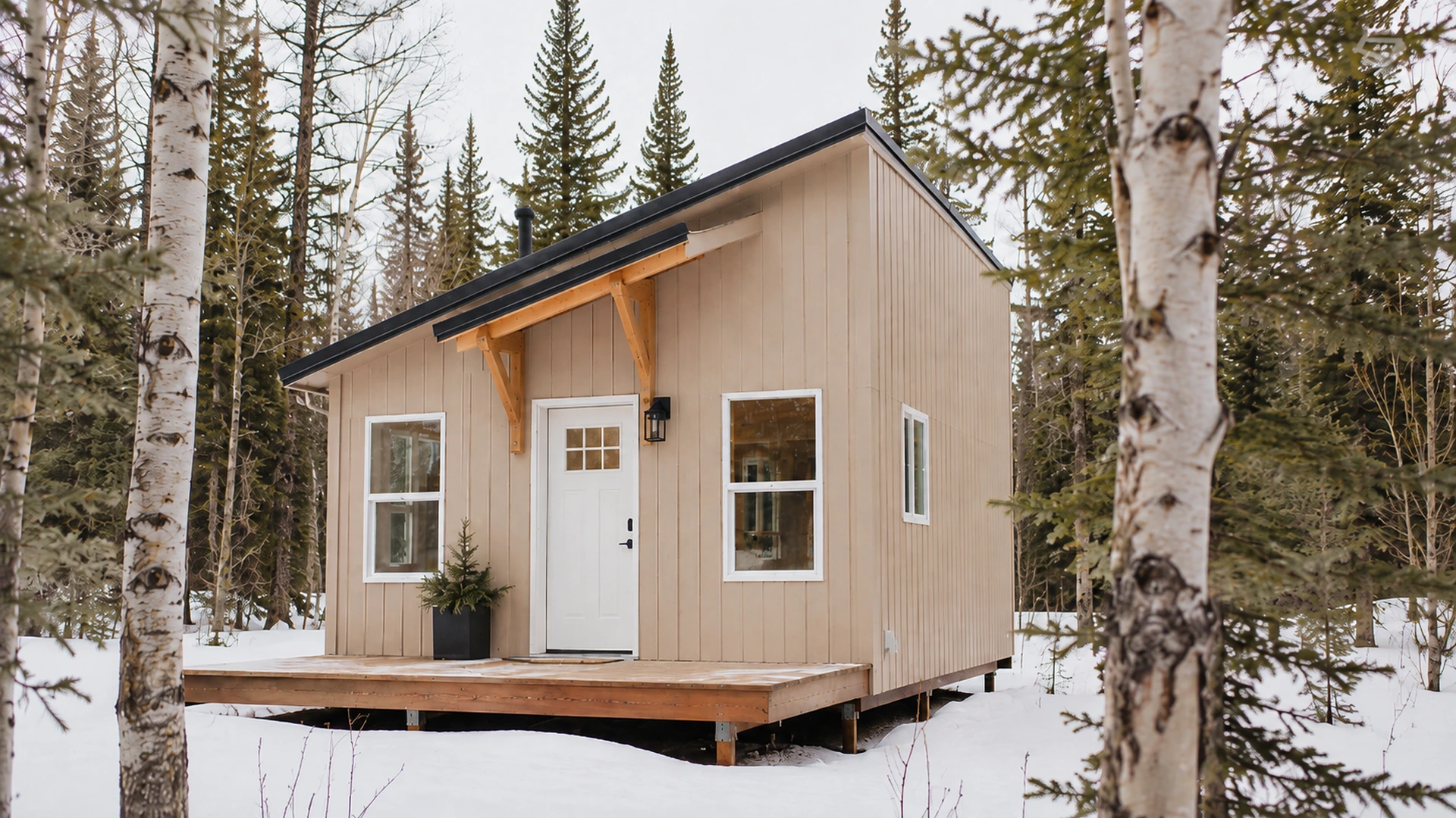 Light timber cabin with a porch and pitched roof in a snowy forest.