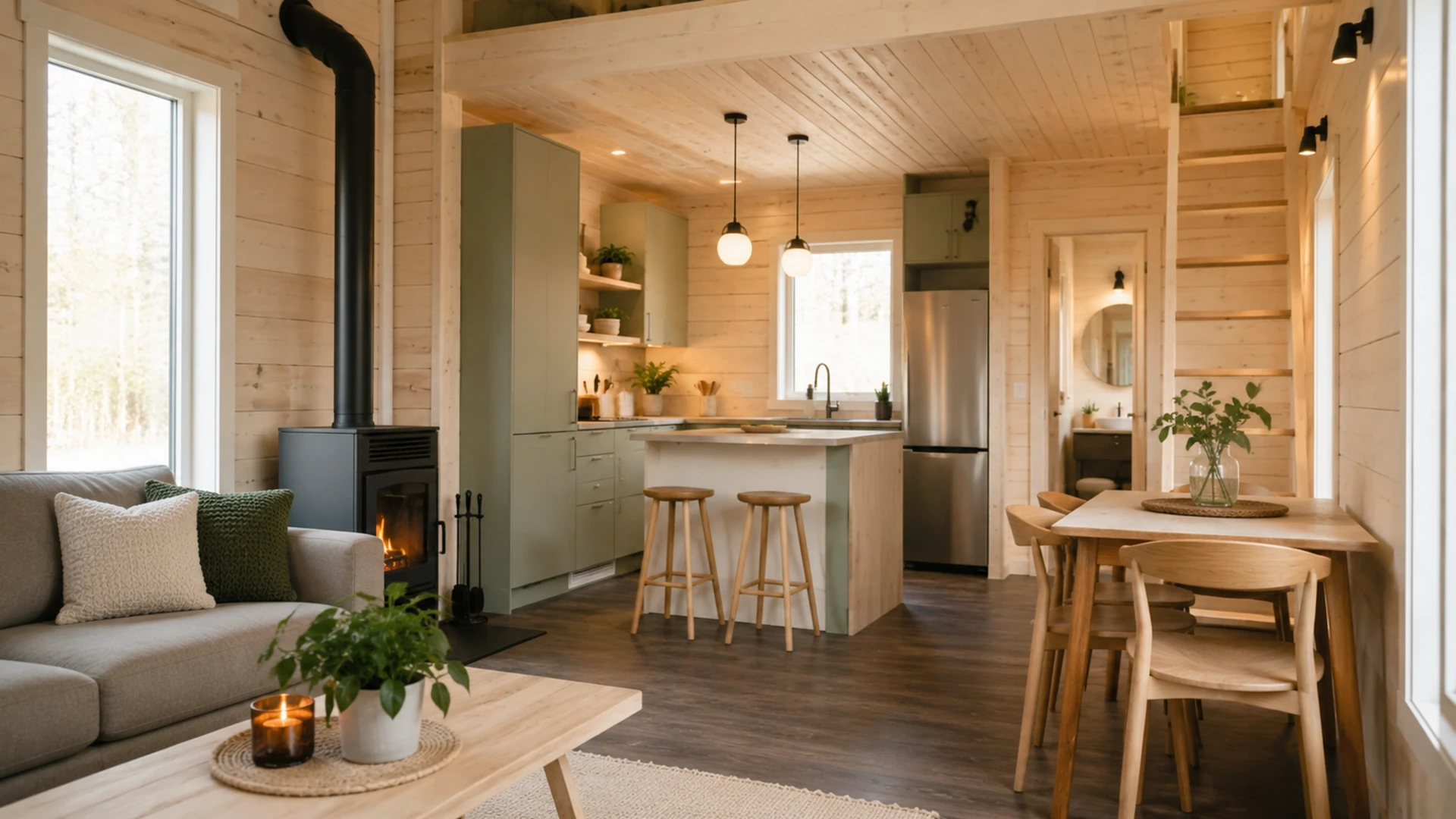 Open small-home interior with a sofa, kitchen island and dining table.