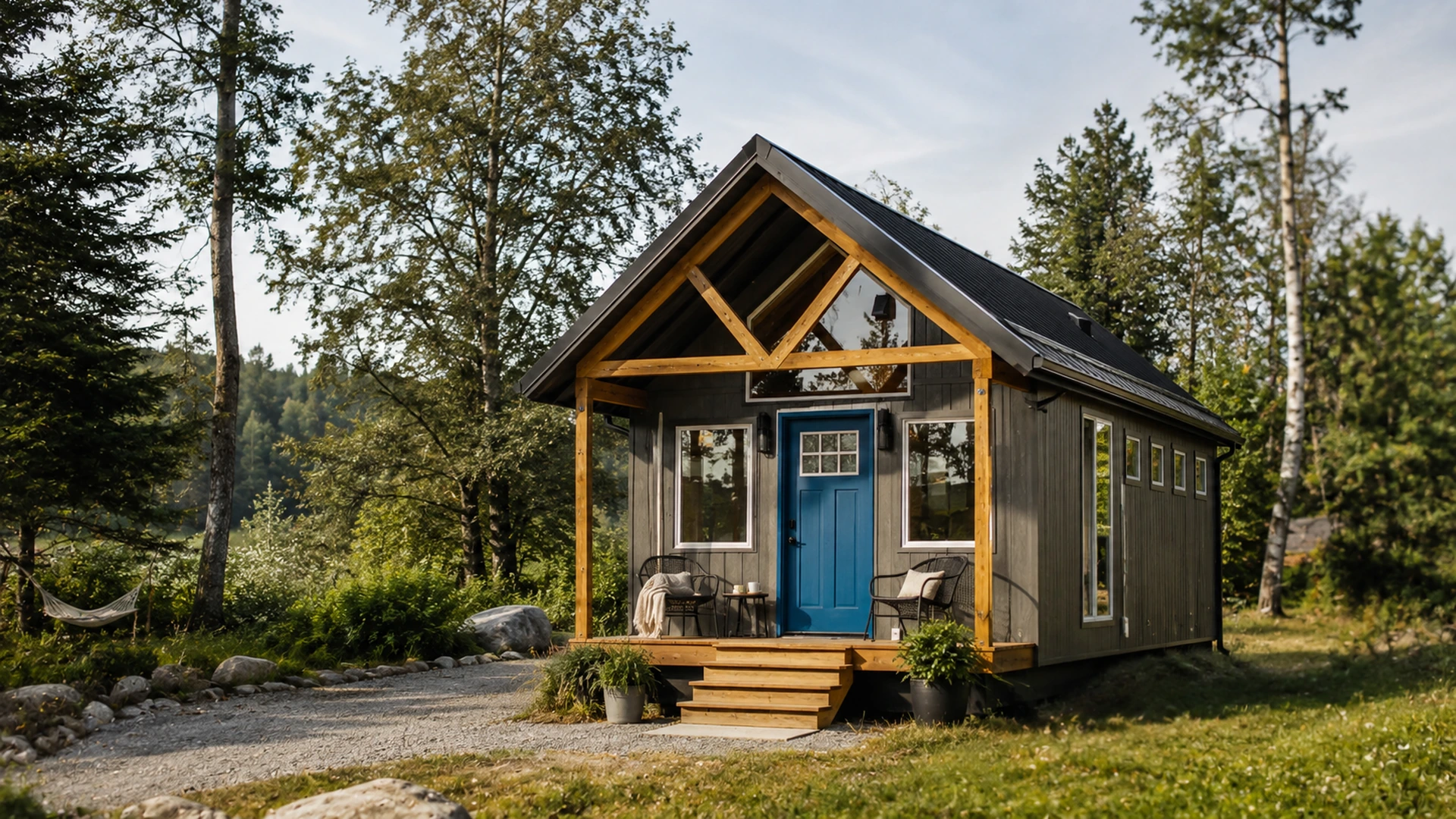 Small traditional-form cabin with dark cladding, porch and a row of windows.