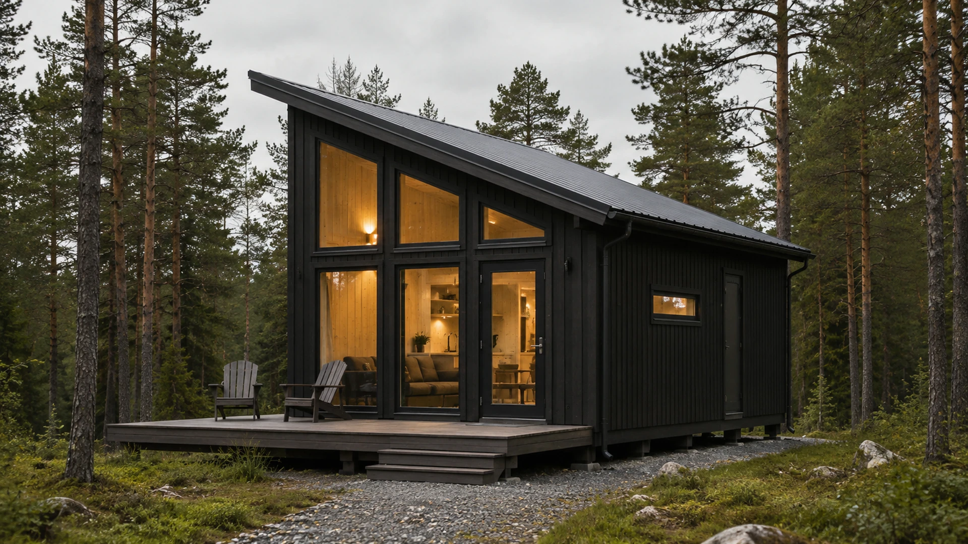 Contemporary black cabin with an asymmetric roof, large windows and terrace.