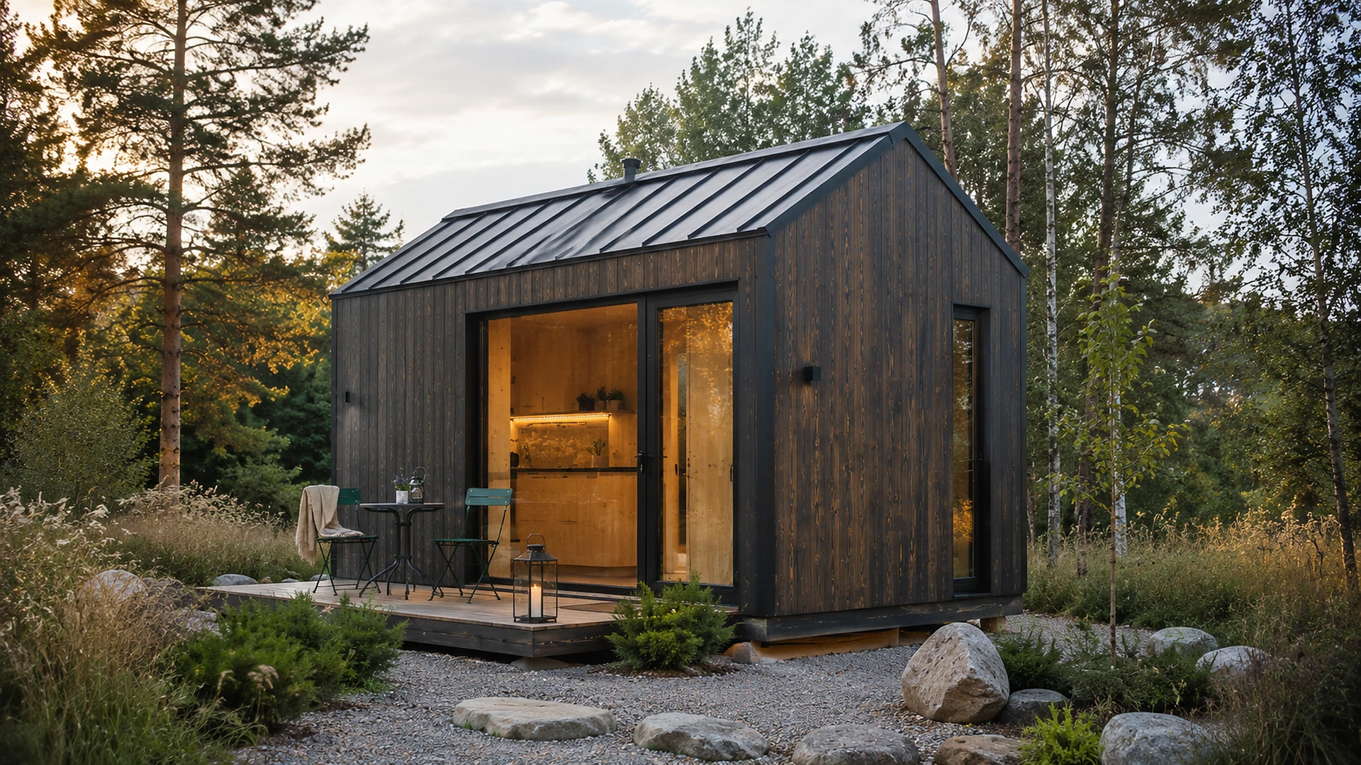 Compact dark cabin with a simple gable roof and glazed entrance.