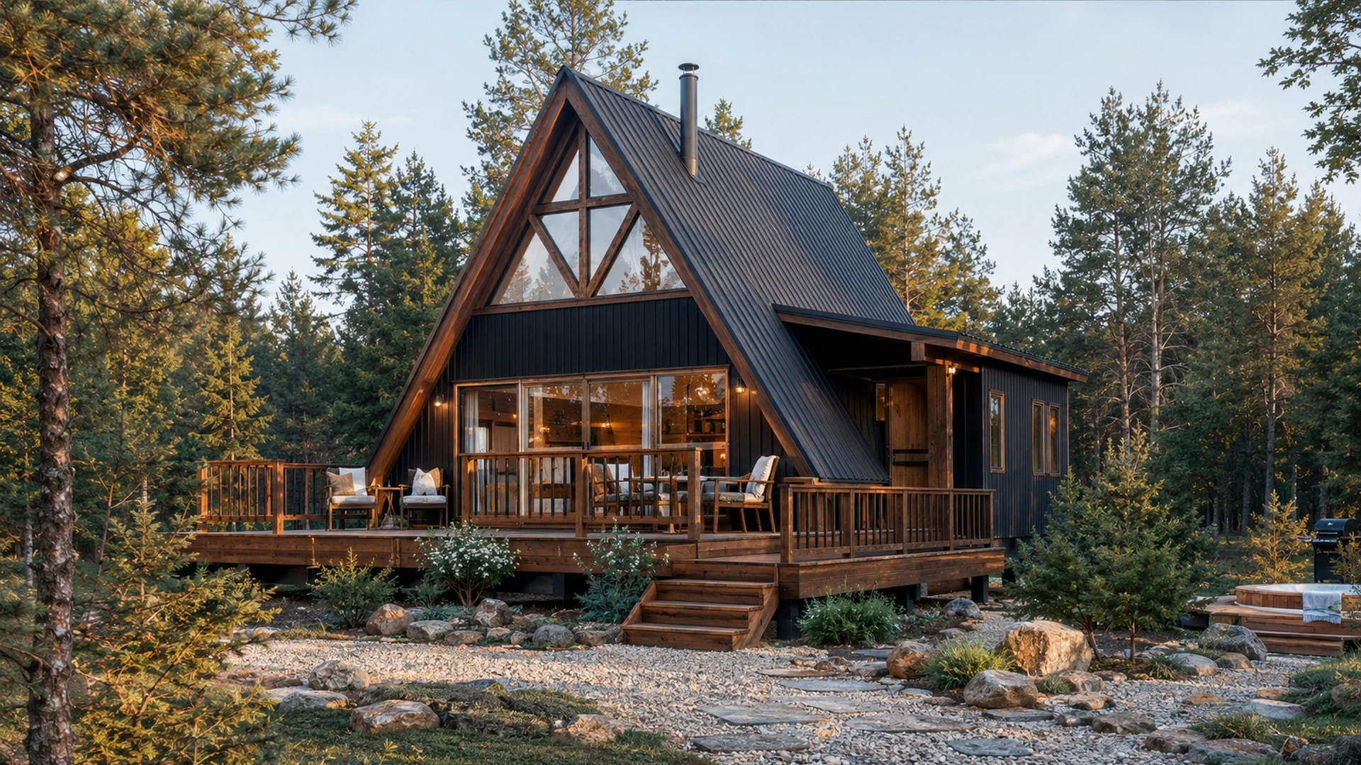 Large A-frame cabin with a glazed gable, side wing and timber deck.