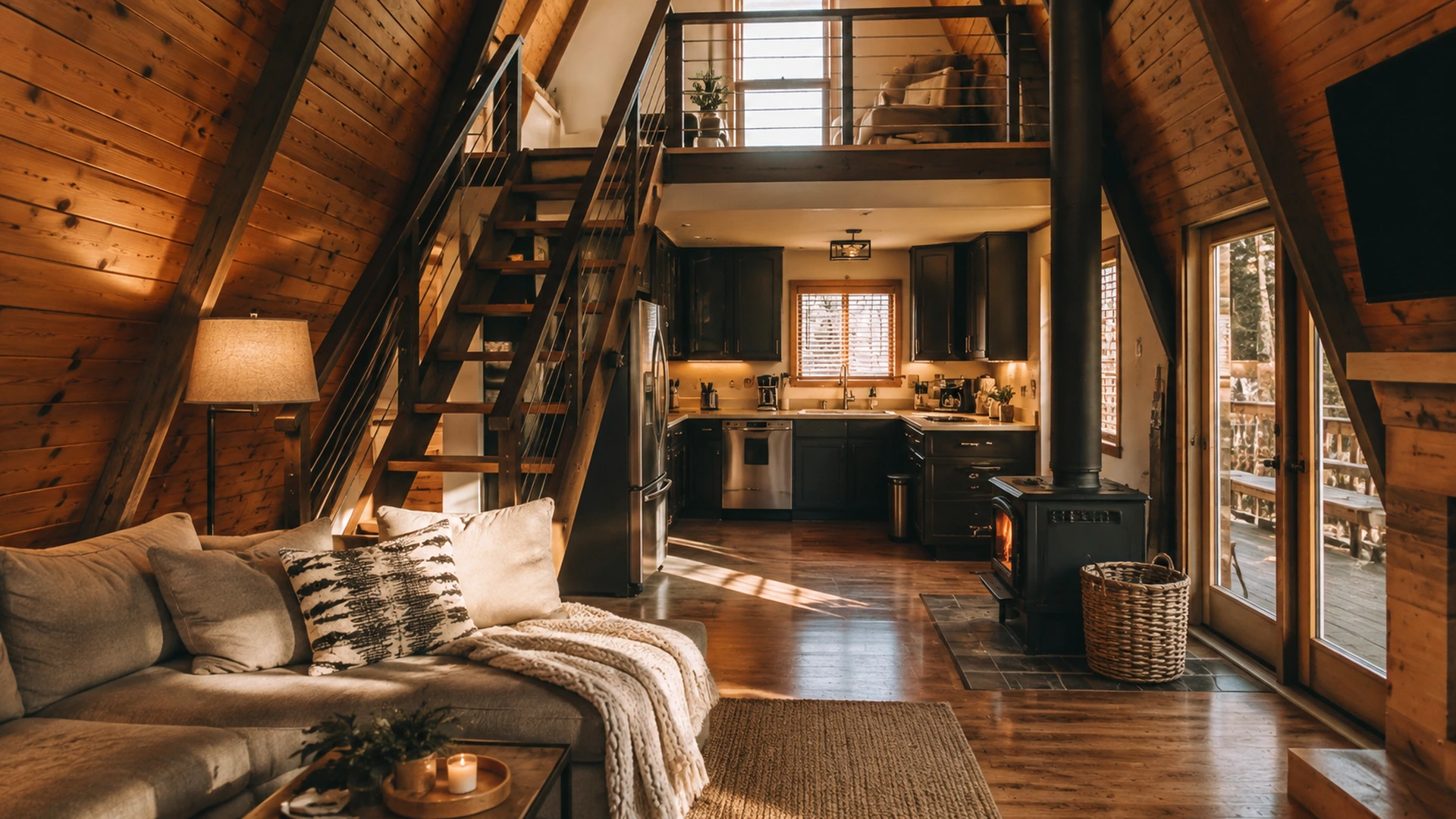 Warm timber A-frame interior with a loft, stove and living area.