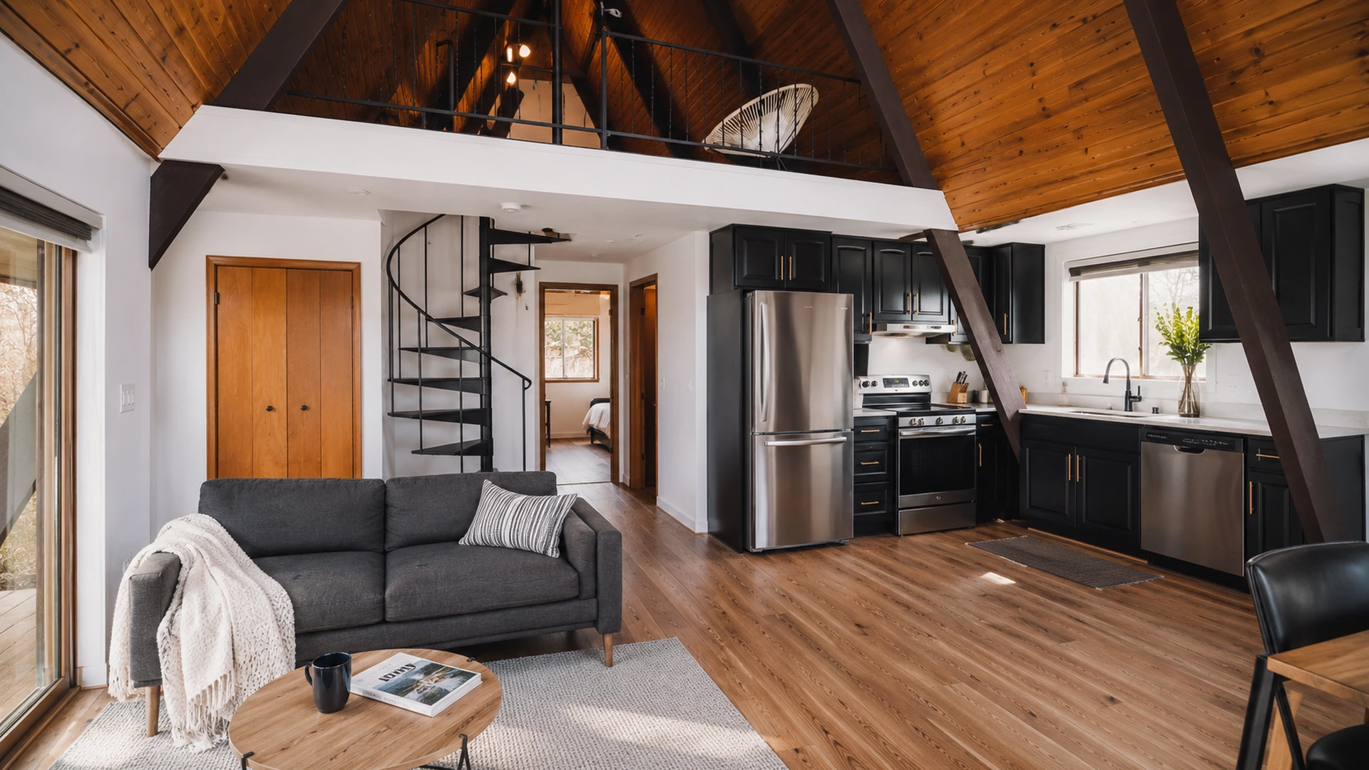 Spacious A-frame interior with a spiral stair, kitchen and sofa.