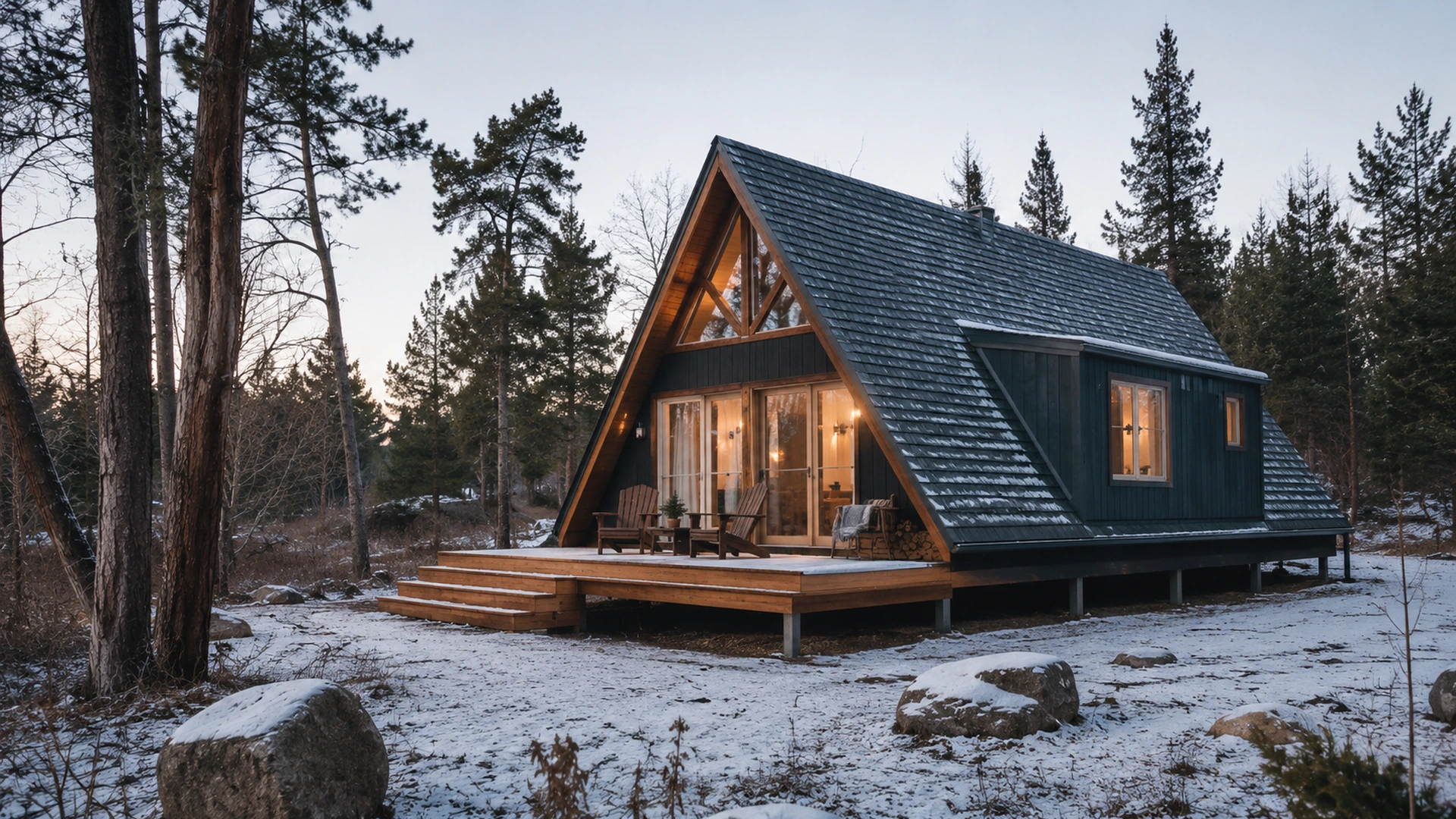 A-frame cabin with a glazed gable and deck in a snowy conifer forest.