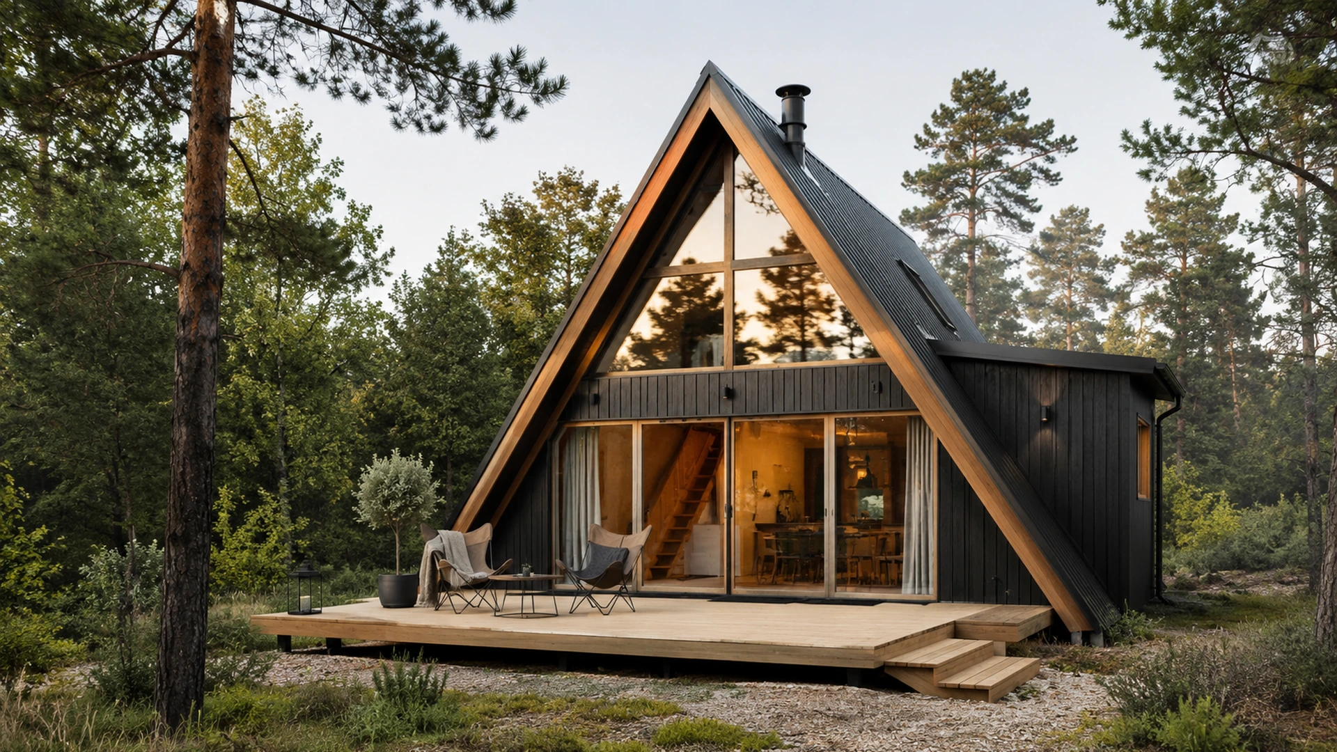 Contemporary A-frame cabin with a fully glazed front and pine woodland terrace.