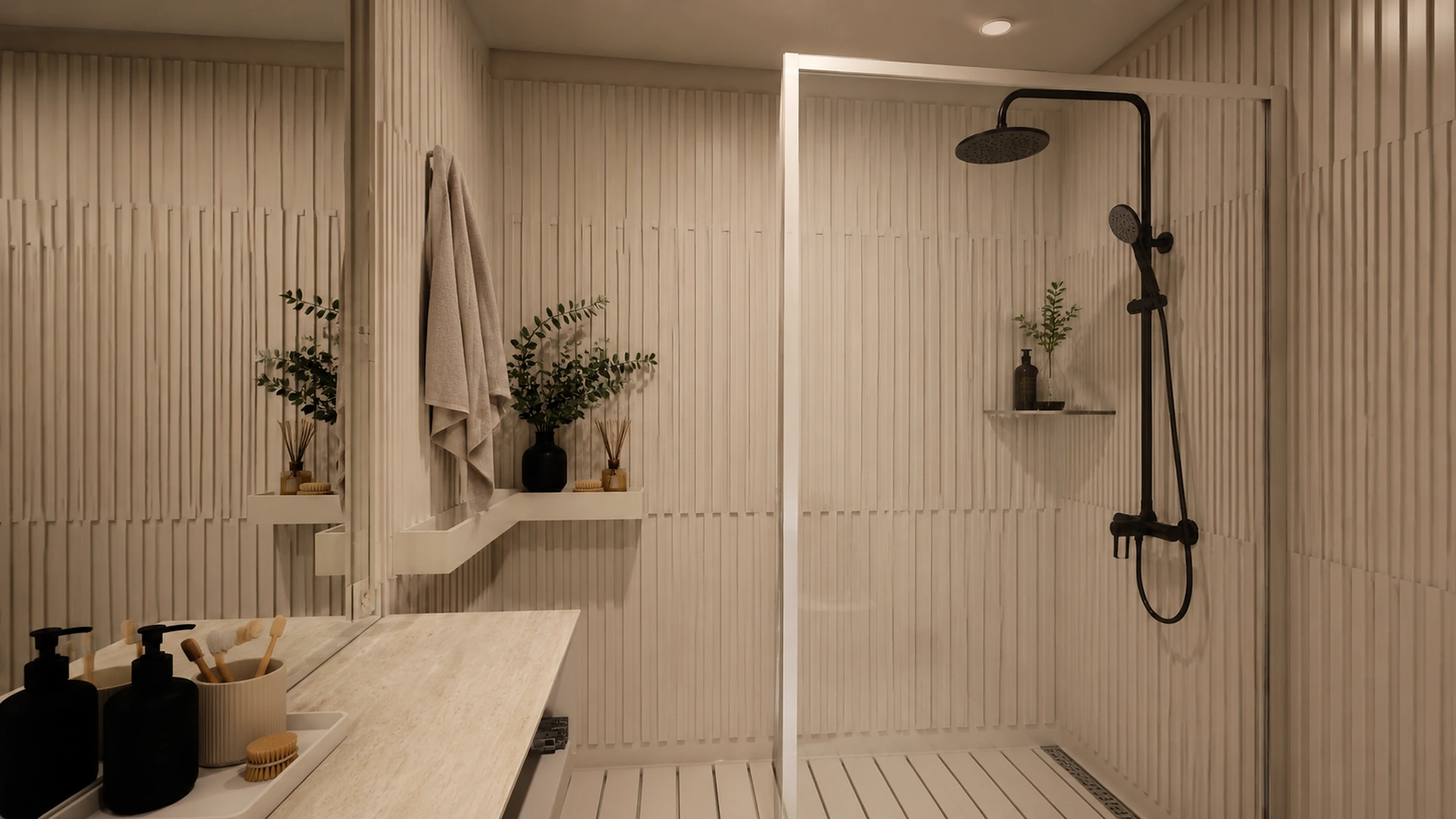 Walk-in shower with black fittings, a glass screen and shelves in a warm interior.