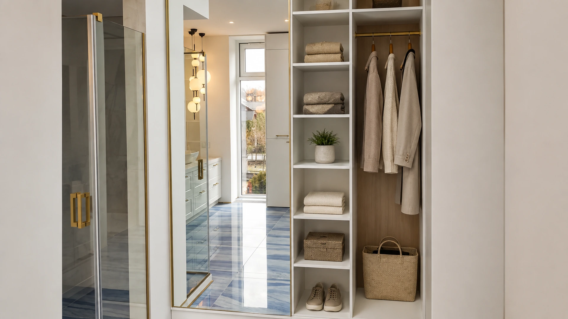 Bathroom with open built-in dressing storage, a tall cabinet and full-height mirror.