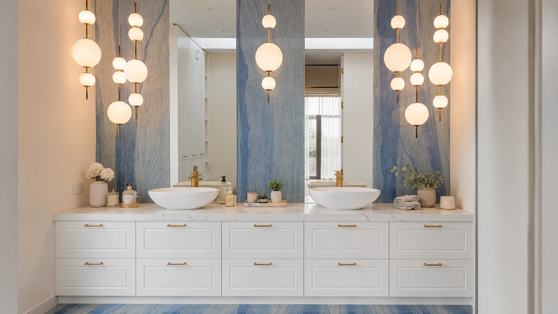 Double vanity with two basins, large mirrors and decorative wall lights.