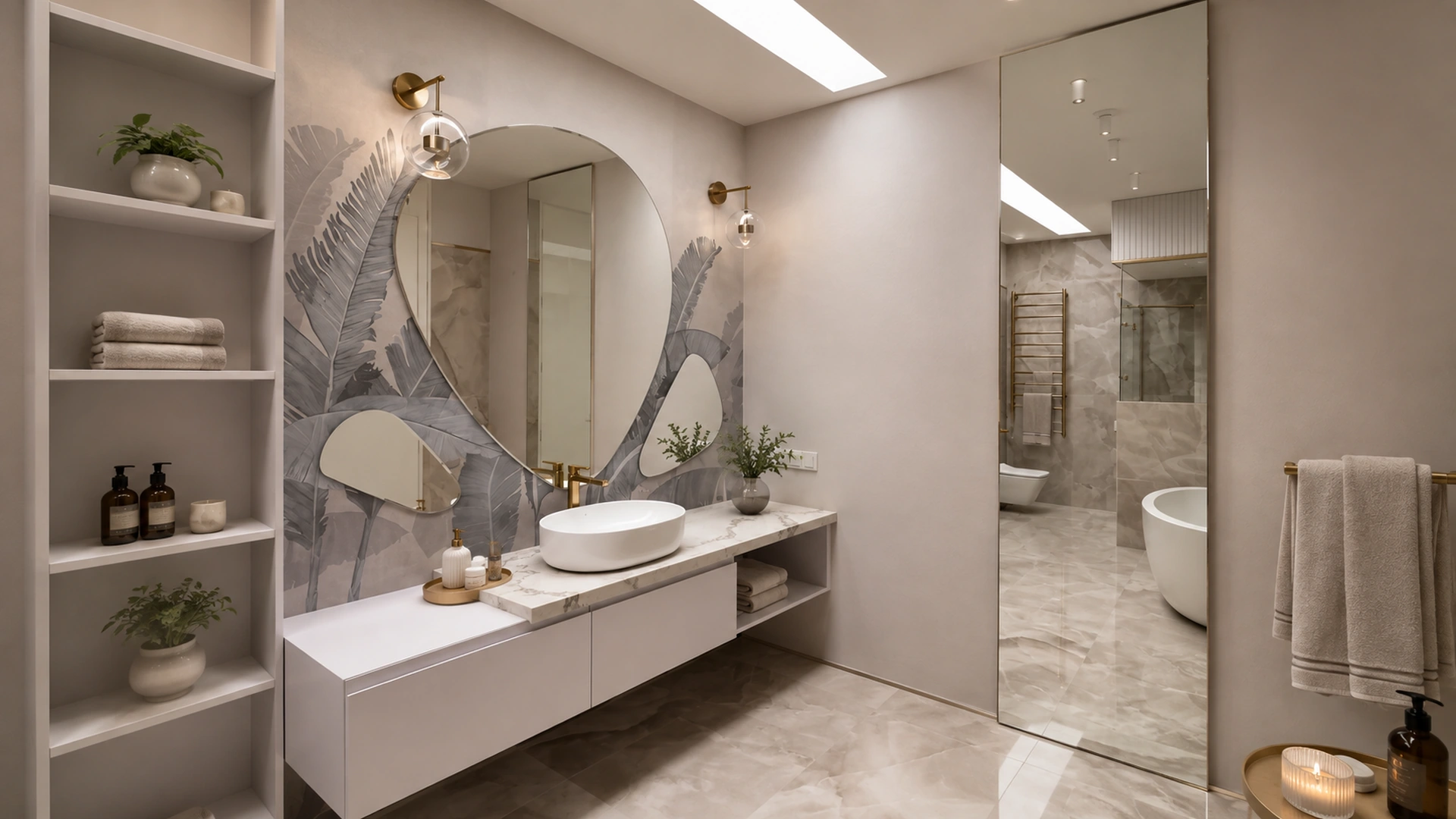 Long beige wall-mounted console with a basin, open shelf and organically shaped mirrors.