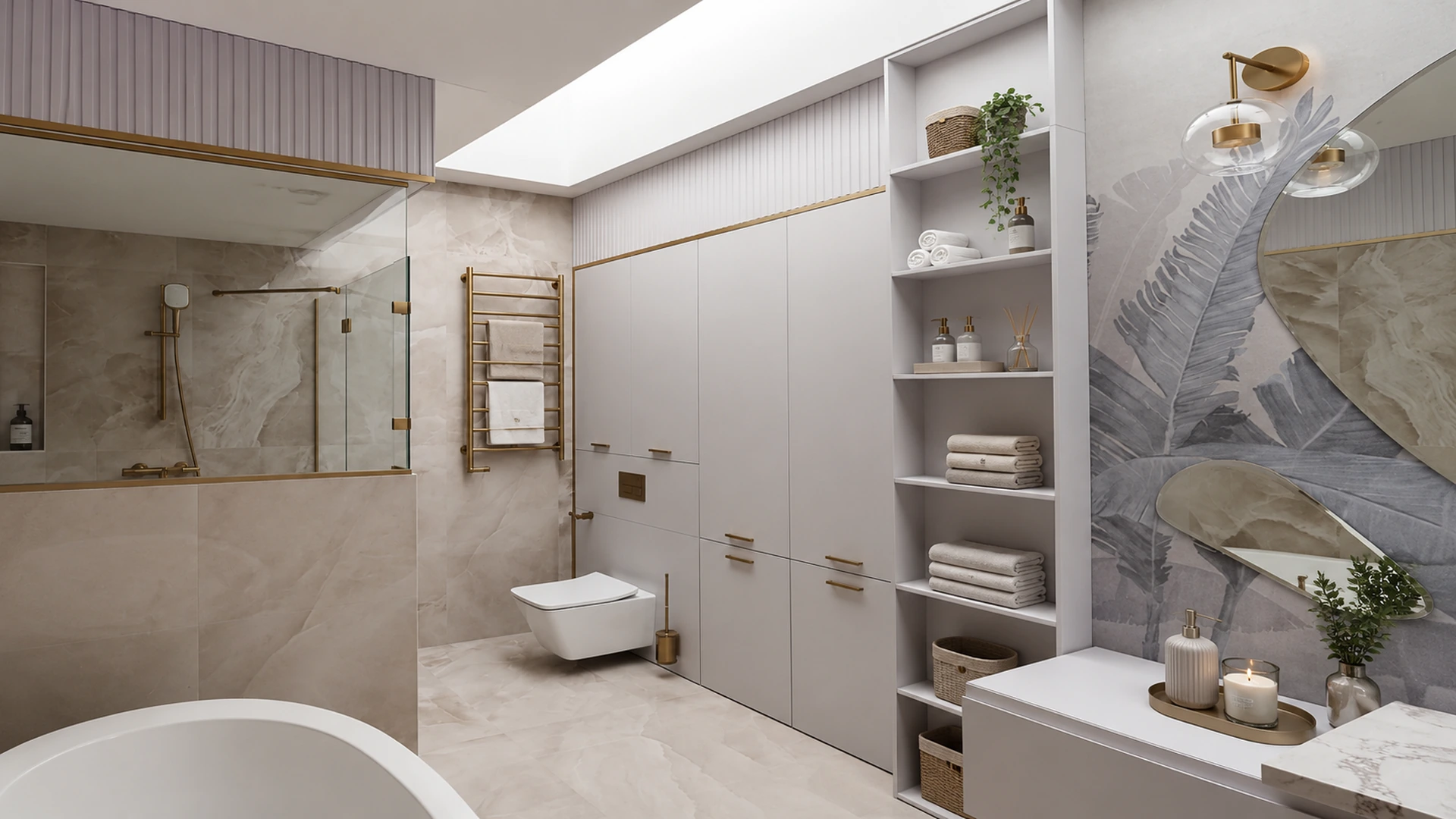 Bathroom with large built-in cabinets, open shelves, marble finishes and brass details.