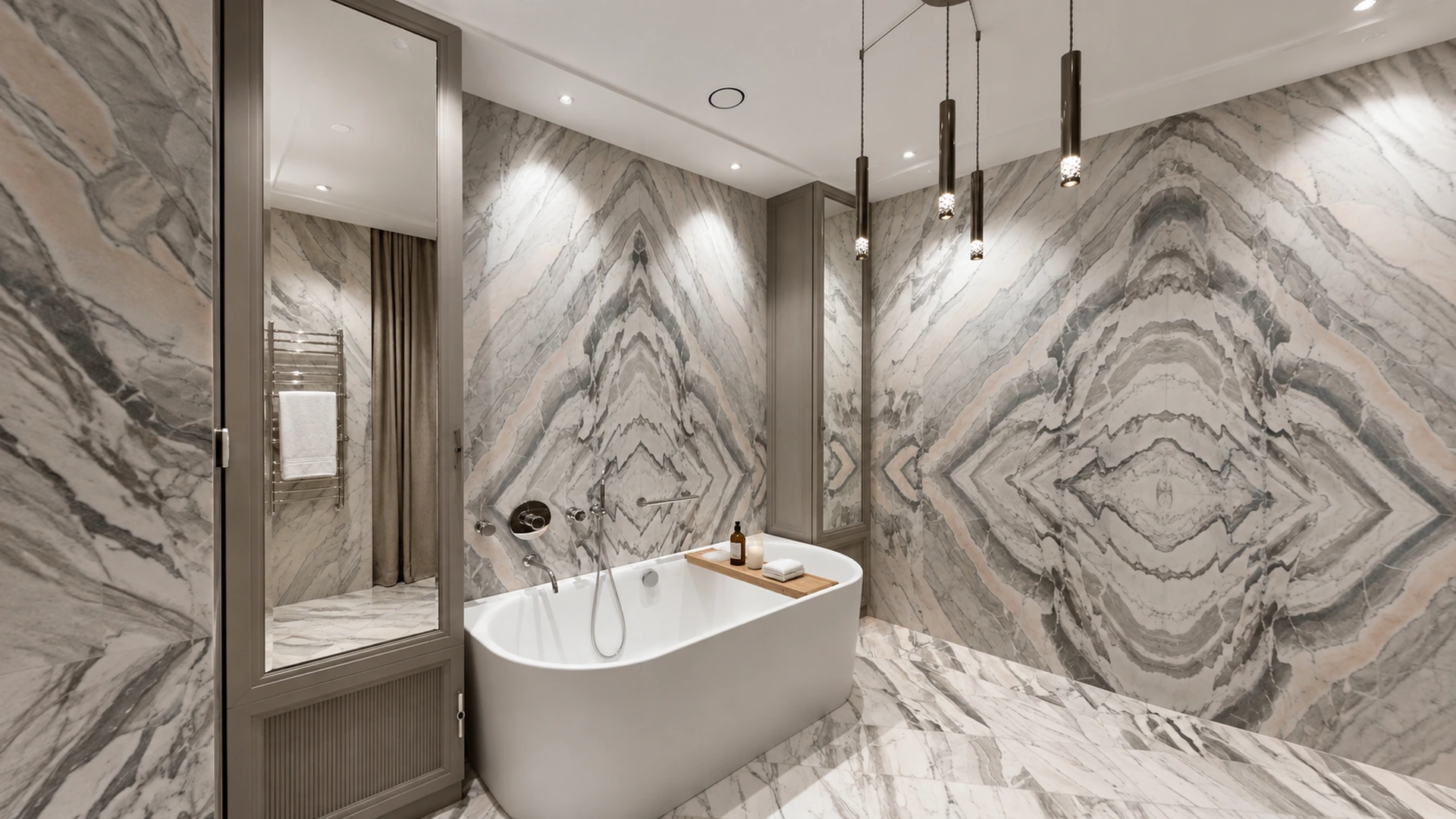 Marble bathroom with a freestanding bath, mirror and pendant lights.