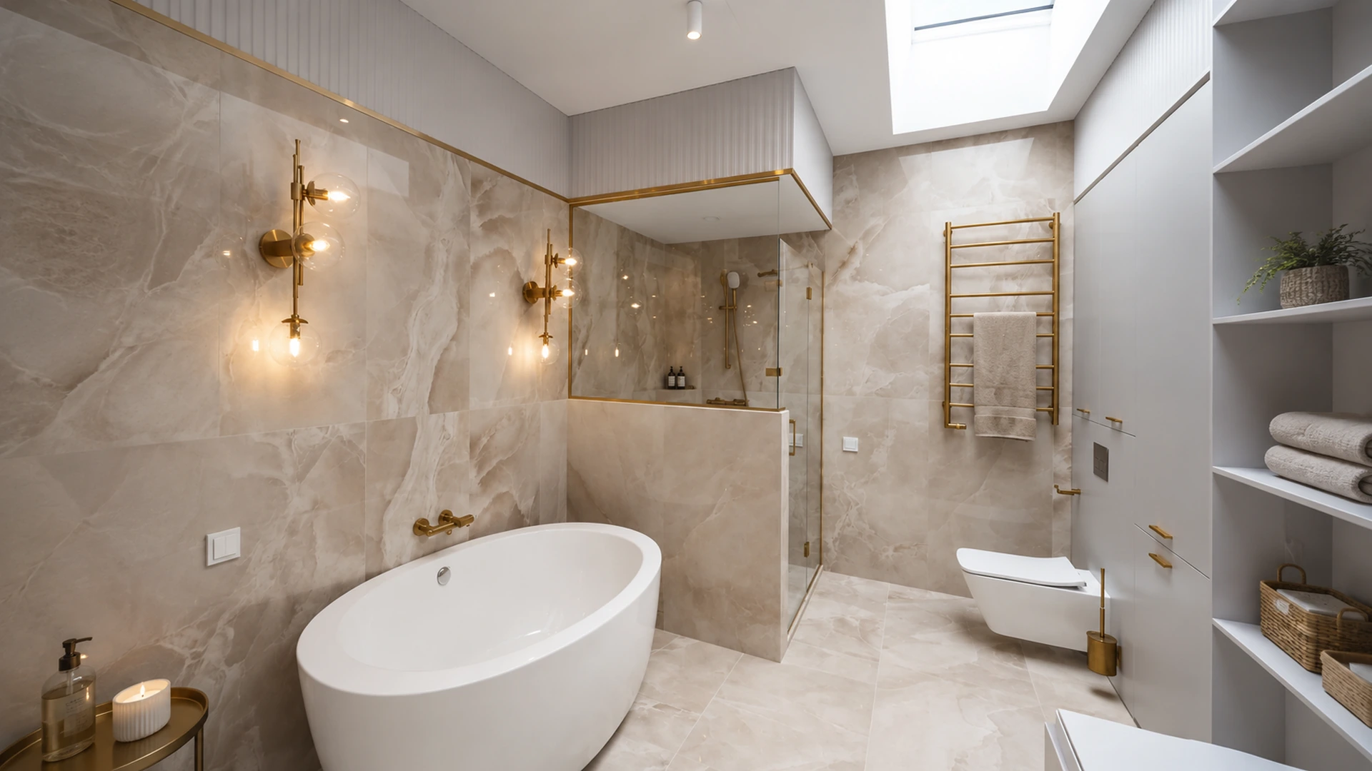 Spacious bathroom with a freestanding bath, glass shower, roof window and brass details.