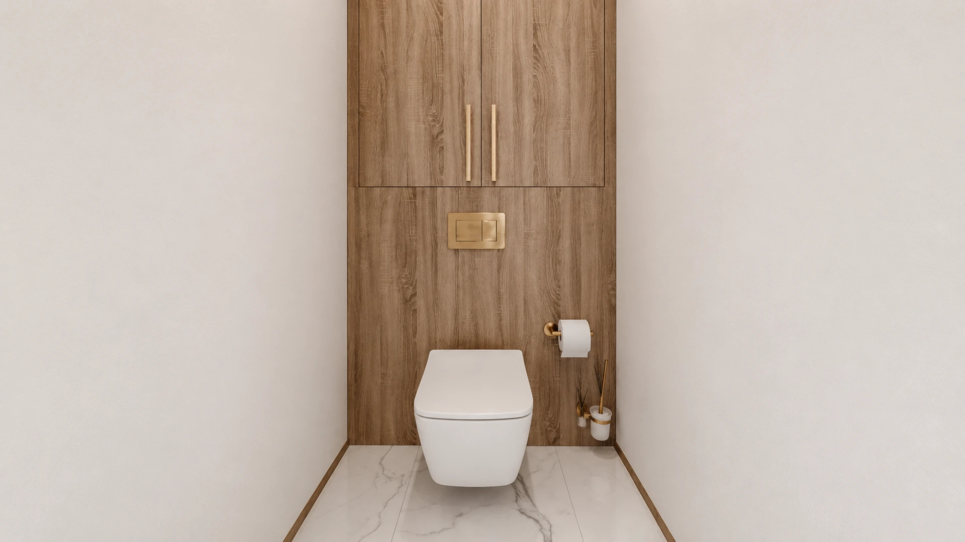 Compact WC with a timber wall panel, built-in cabinet and brass details.