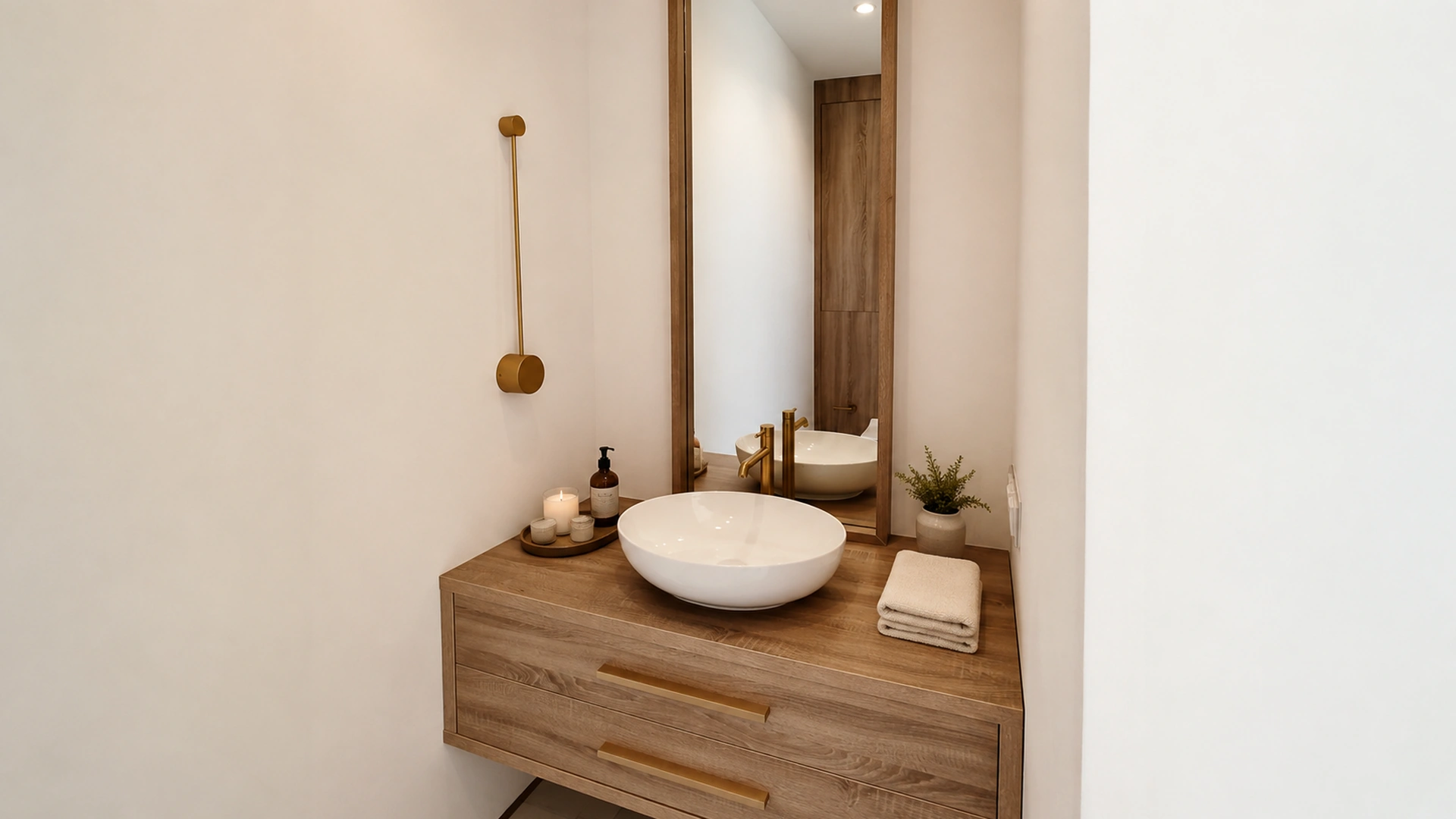 Wall-mounted timber vanity with two drawers, countertop basin and tall mirror.