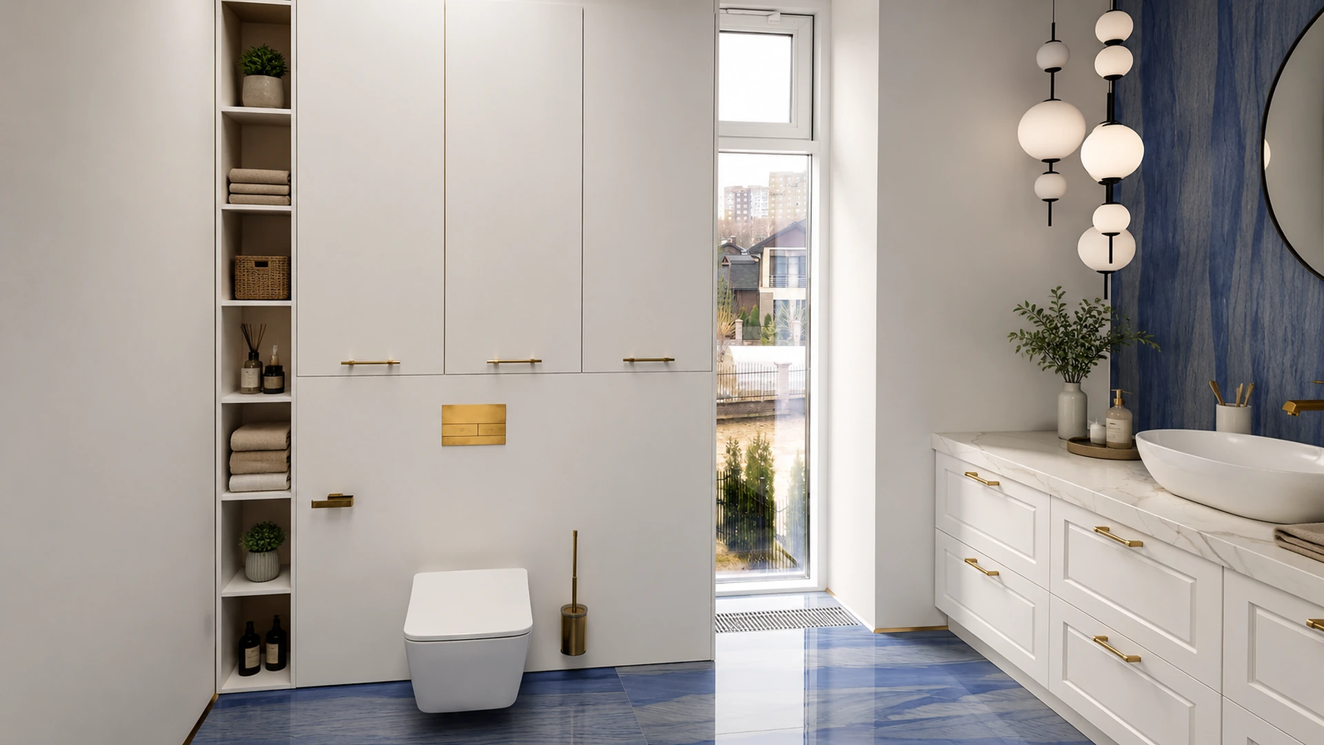 Light bathroom with white built-in cabinets, blue stone floor and brass handles.