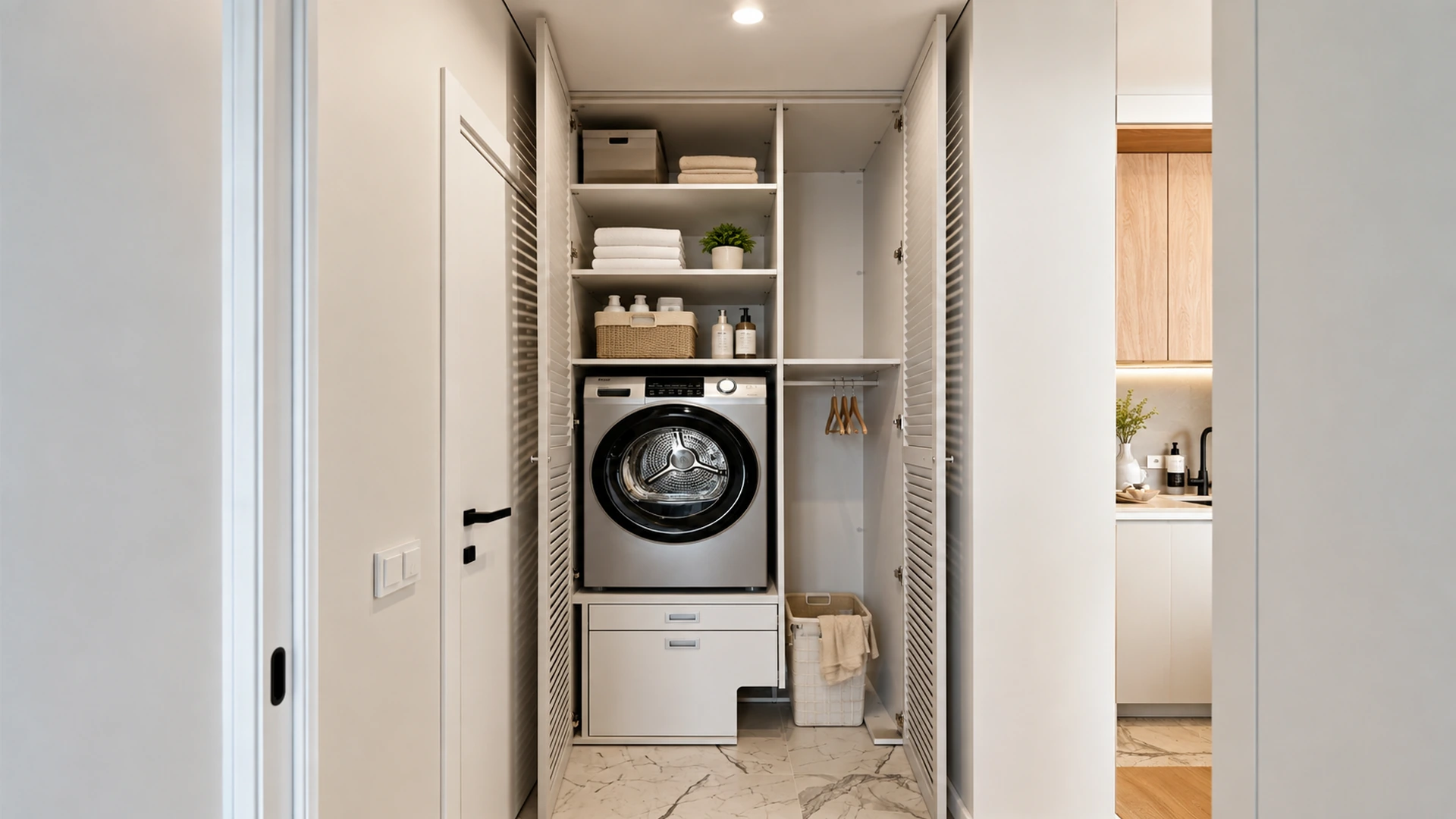 Built-in laundry cupboard with washing machine, shelves, drawer and hanging section.
