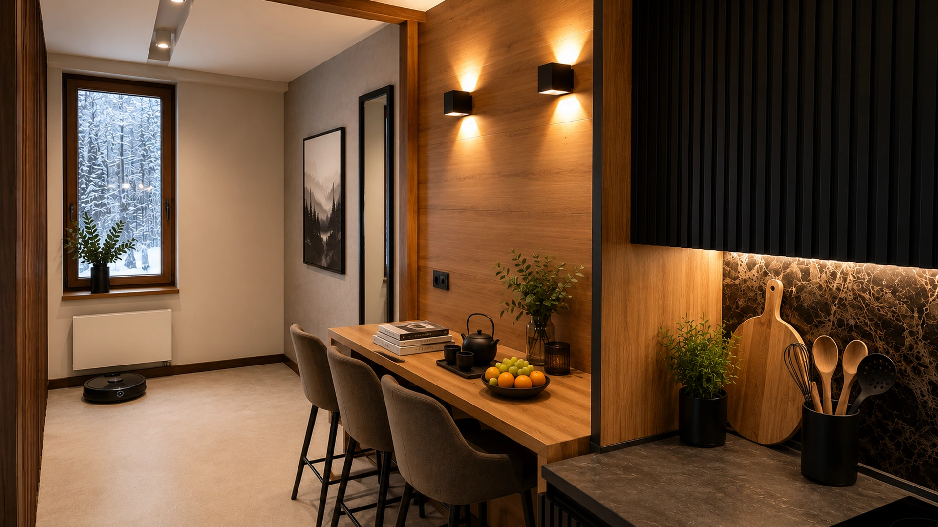Dark wood kitchen and dining area