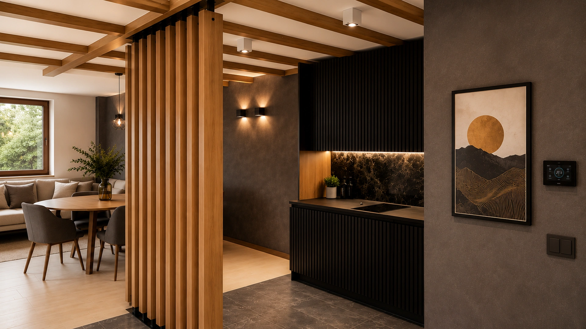 Kitchen with wood slat divider