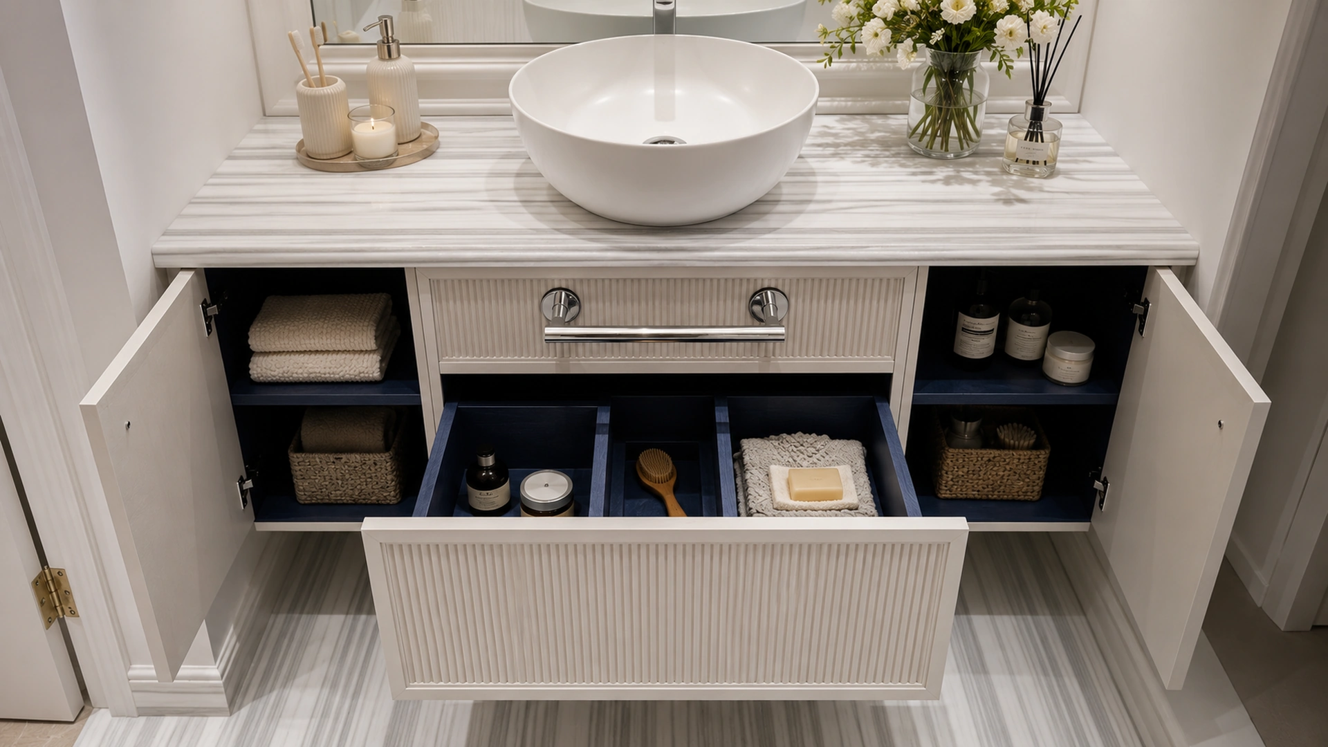Open bathroom vanity storage