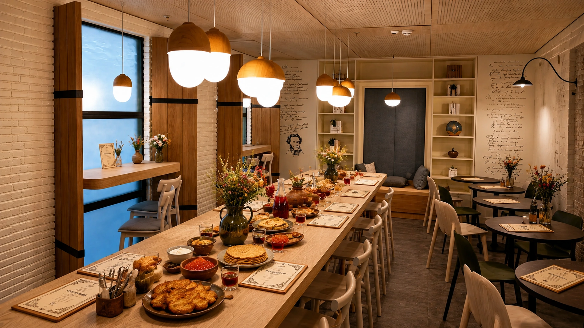 Modern restaurant interior in warm tones