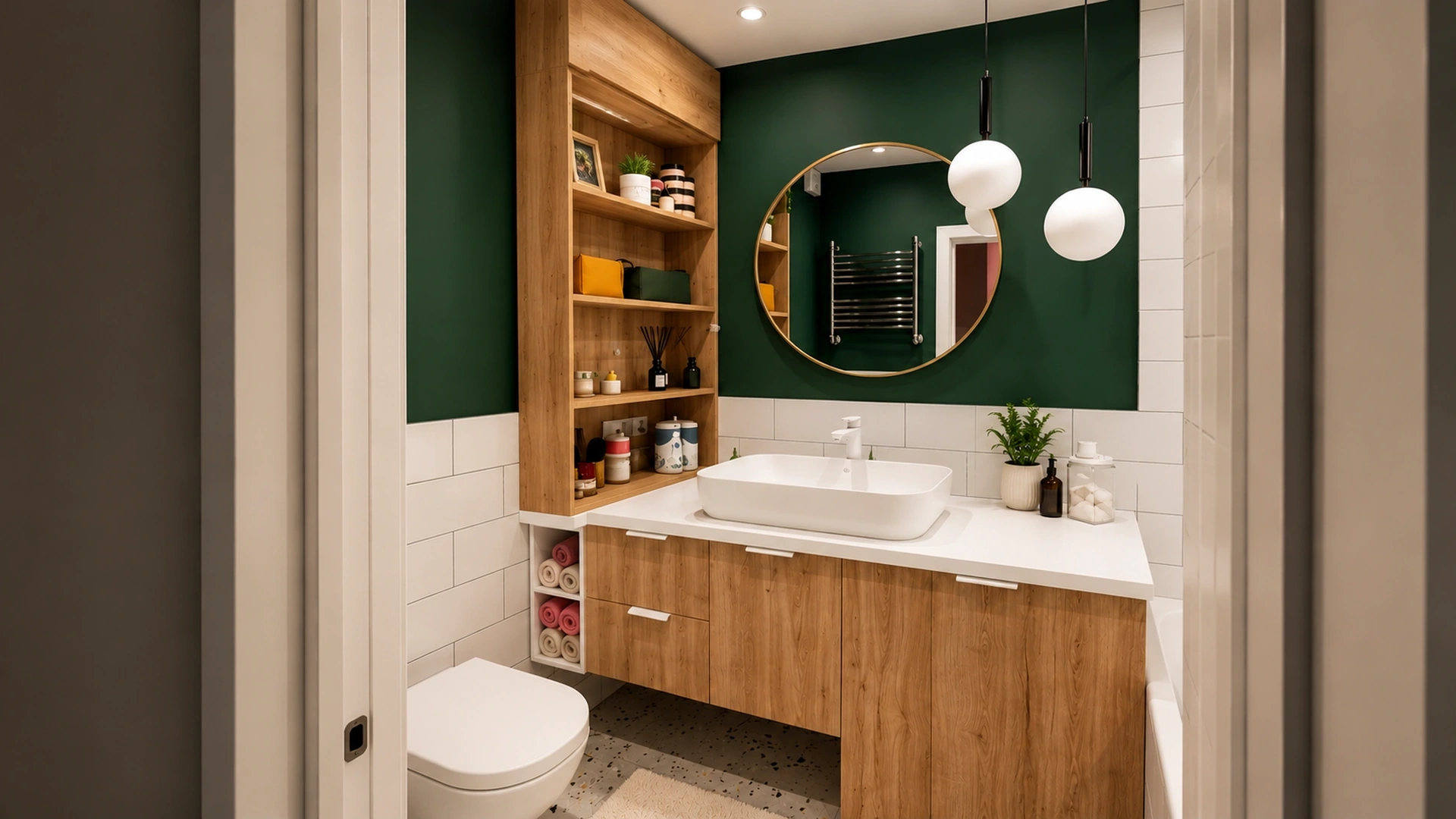 Green and wood bathroom
