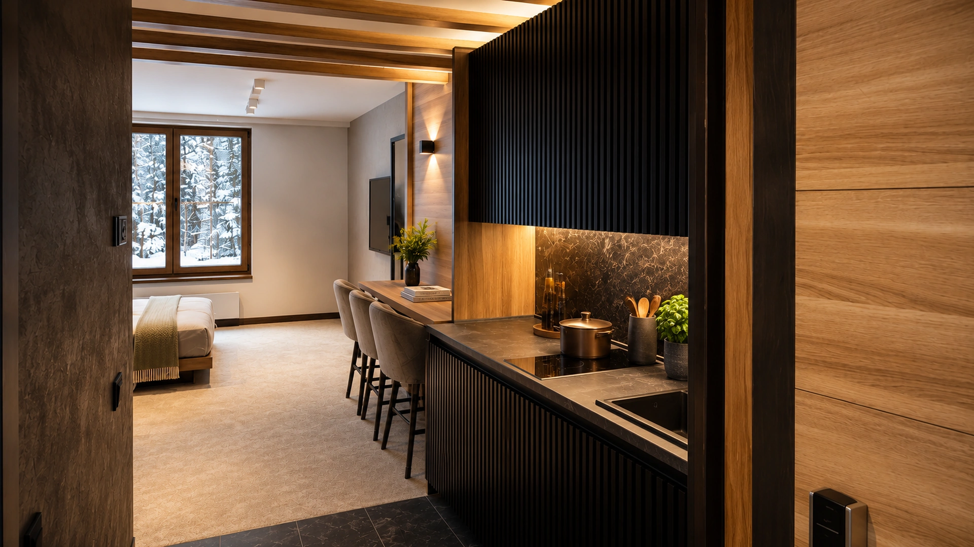 Dark kitchen with breakfast bar