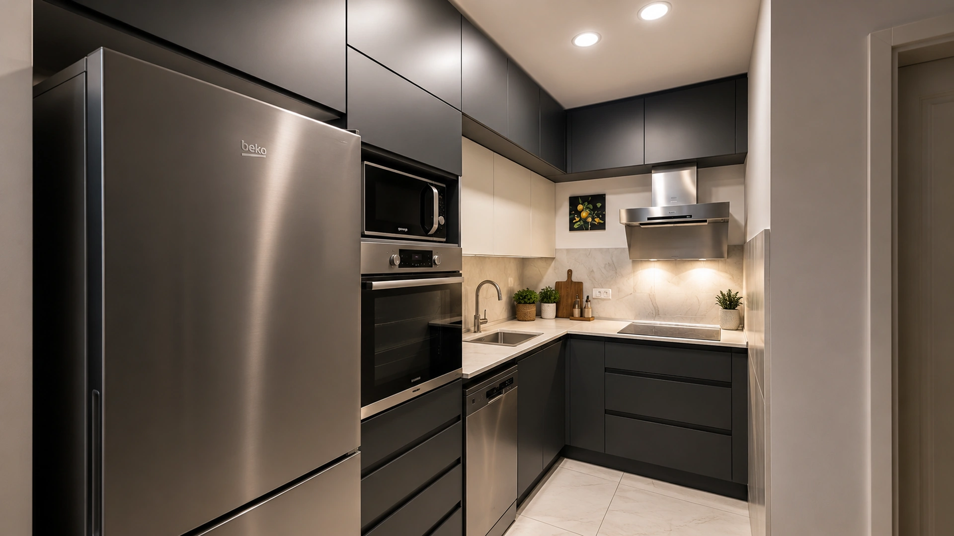Compact charcoal grey kitchen