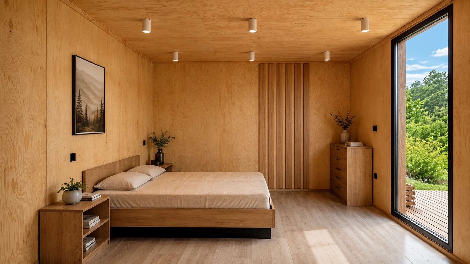 Minimalist plywood bedroom