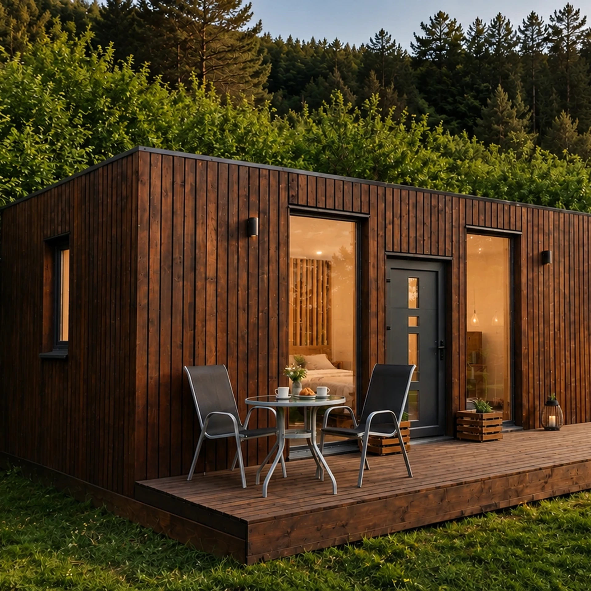 Compact dark timber house with a deck.